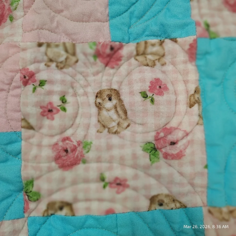 BABY BLANKET QUILT LAP SPRING COTTAGE CORE SHABBY CHIC 36X28 BUNNY RABBIT RIBBON